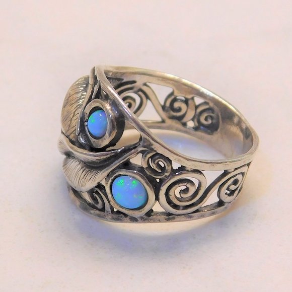 925 Unique Sliver Leaf Scroll Australian Opal Ring - Picture 8 of 10